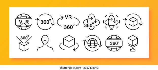 Icono de conjunto de metales. Hombre en vidrio 3d y casco, Desarrollo de aplicaciones. Planeta con texto vr. Vista con flecha de 360 grados. Concepto de realidad virtual. Icono de línea de vector para negocios y publicidad