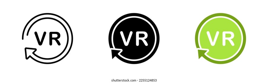 Metaverse set icon. Man in 3d glass and helmet, Application Development. Pie arrow with vr text. Arrow 360 degree viewing. Vector icon in line, black and colorful style on white background