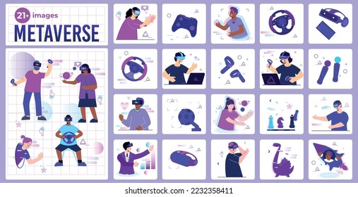 Metaverse set with square compositions of flat images with gamepads vr headsets joysticks and involved people vector illustration