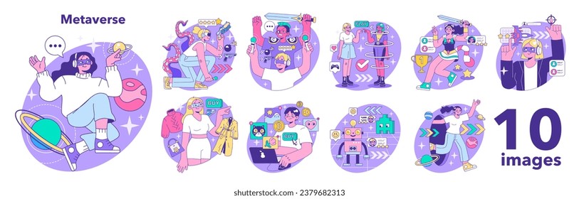 Metaverse set. VR futuristic technology. Digital environment or online virtual platform. Character in augmented reality and cyberspace. Flat vector illustration