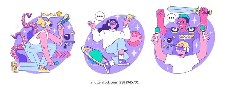 Juego de Metaverse. Tecnología futurista VR. Entorno digital o plataforma virtual en línea. Carácter en realidad aumentada y ciberespacio. Ilustración vectorial plana