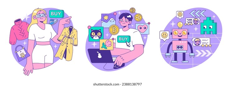 Metaverse set. VR futuristic technology. Digital environment or online virtual platform. Character in augmented reality and cyberspace. Flat vector illustration