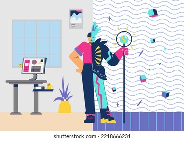 Metaverse Shopping Technology Banner Concept With Man Choosing New Look In Virtual Reality App, Flat Cartoon Vector Illustration. Metaverse Augmented Reality For Fashion.