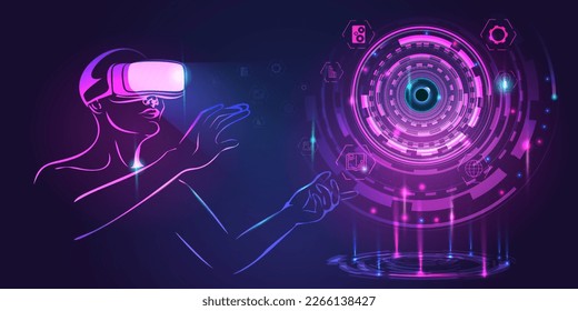 Metaverse. Silhouette of a human in augmented or virtual reality. Opportunities.  Abstract digital world on dark blue background. Vector illustration neon style