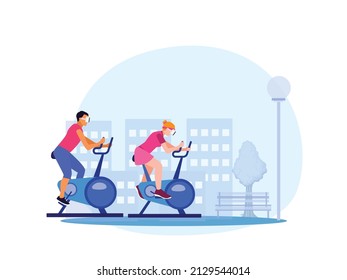 Metaverse sport vector concept. Young couple wearing VR goggles while doing exercise by riding exercise bike in metaverse