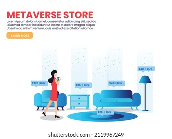Metaverse store vector concept. Young woman using VR goggles and digital tablet while shopping furniture in the metaverse