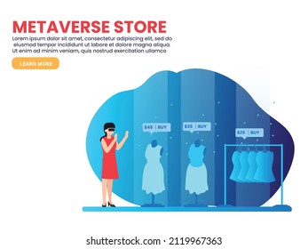 Concepto vectorial de almacén de metales. Mujer joven con gafas VR mientras compra ropa en el metarso