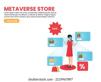 Metaverse store vector concept. Young woman wearing VR goggles while shopping bags in the metaverse