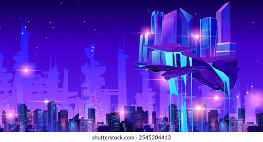 Metaverse tech city glows with purple and blue streams beneath floating digital platform. Futuristic skyscrapers merge real and virtual architecture. Neon glowing night cityscape with gaming arena.