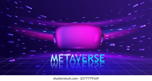 Metaverse technology Ai banner. VR game helmet. Virtual Reality headset neon background. Cyber digital gamer glasses. Futuristic speed vector illustration.