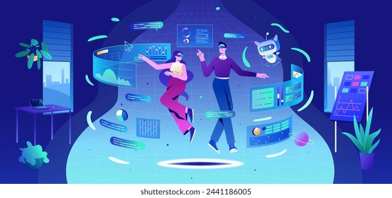 Metaverse technology concept. Flat people with virtual reality goggles and ai robot in office. Characters in futuristic glasses working with business data and graphs. Person use ai smart analysis.