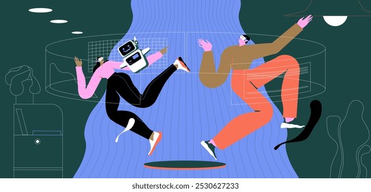 Conceito de tecnologia Metaverse. Pessoas planas com óculos de realidade virtual e robô ai no escritório. Personagens em óculos futuristas que trabalham com dados de negócios e gráficos. A pessoa utiliza a análise inteligente do ai.