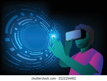 Metaverse technology concept. Illustration of male character wearing virtual reality glasses.