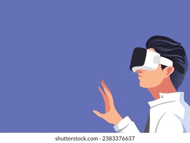 Metaverse technology concept. Man with VR virtual reality goggles, vector illustrator.