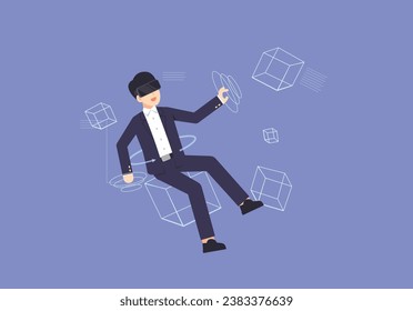 Metaverse technology concept. Man with VR virtual reality goggles, vector illustrator.