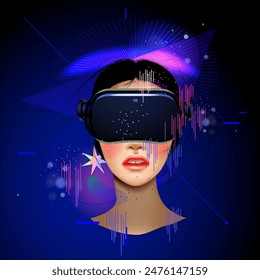 Concepto de tecnología metaverso. Mujer con gafas de realidad virtual VR. Estilo de vida futurista, Ilustración vectorial