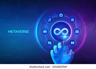 Metaverse technology. Cyberspace of metaverse. Hand touching digital interface. Virtual reality, Augmented reality cyber world simulation. NFT, blockchain concept. Vector illustration.