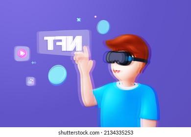 Metaverse technology future 3d concept. VR virtual reality headset with floating objects around for playing a video game isolated blue background. 3d vector render with Metaverse futuristic concept