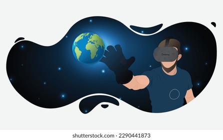 Metaverse Technology Futuristic 3D Flat Illustration Design. Man with Virtual Reality Viewing the Space and Taking the World in Hand. New Future Revolution Technology with New Generation.