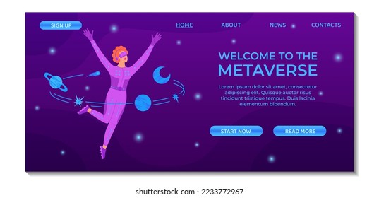 Metaverse technology landing page template. Young woman in VR suit and VR glasses. Innovation network experience, AR gaming. Futuristic lifestyle. Suitable for banner, ui, mobile app, website design