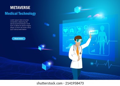 Metaverse Technology In Medical And Healthcare. Doctor Using AI Analysing And Diagnosis Patient Health Problem In 3D Virtual Reality  Simulation Interface.