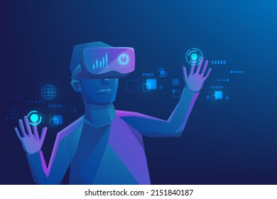 Metaverse technology modern concept. virtual reality technology. human wear VR headset for gaming. vector illustration fantastic digital design. isolated on blue dark background. 