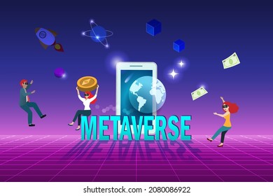 Metaverse technology in people lifestyle in cryptocurrency and financial virtual reality environment. People wear VR goggle glass enjoy 3D experience on smart phone metaverse screen device.