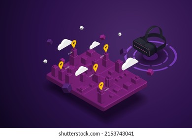 Metaverse technology real estate investing land trading in virtual worlds through virtual reality glasses on purple background. 3D isometric vector illustration.