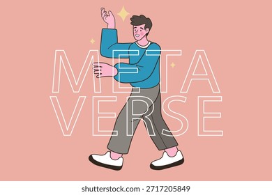Metaverse Technologie und Virtual Reality Konzept. Glücklicher Mann Charakter zu Fuß und berühren Cyber-Raum-Umgebung mit großen weißen Text. Vektorgrafik für die digitale Welt der Zukunft und Simulation.