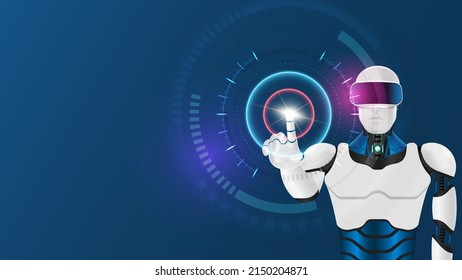 Metaverse technology. VR Helmet. VR Headset. Virtual reality technology concept. Human-robot wearing VR head-mounted with a blockchain background. 3d vector illustration.