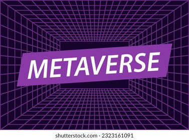 Metaverse Text 3D Wireframe Room on the Plue Background. Cuadrícula de perspectiva de vectores. Fondo Geométrico Futurista de Juego VR. Caja con ciberespacio digital. Ilustración del vector