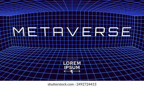 Metaverse Text 3D Wireframe Room on the Blue Background. Synthwave Grid VR 3D Room with Fisheye Lens Effect. Virtual Reality VR Tunnel Technology Vector Illustration.