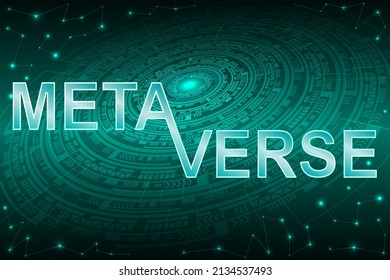 Metaverse Textgestaltung auf abstraktem, futuristischem, grünem Hintergrund. Metaverse, virtuelle Realität, erweiterte Realität und Blockchain-Technologie, User Interface 3D Erfahrung.