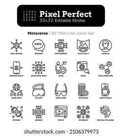 Juego de iconos de línea delgada de Metaverse: red social, realidad virtual, avatar, mundo digital compartido, gafas inteligentes, vr helmet, ai, servicio de pago, juegos en línea. Trazo editable. Ilustración vectorial.