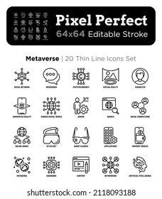 Dünnschichtsymbole mit Metaverse setzen: Social Network, virtuelle Realität, Avatar, gemeinsame digitale Welt, intelligente Brille, vr Helm, ai, Zahlungsdienst. Pixel perfekt, bearbeitbarer Strich. Vektorgrafik.