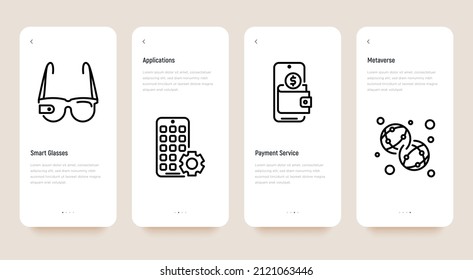 Metaverse thin line icons set: smart glasses, vr helmet, applications, payment service. Pixel perfect, editable stroke. Vector illustration.