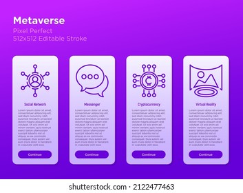 Juego de iconos de línea delgada de Metaverse: red social, mensajero, criptodivisa, realidad virtual. Trazo perfecto y editable. Ilustración vectorial.