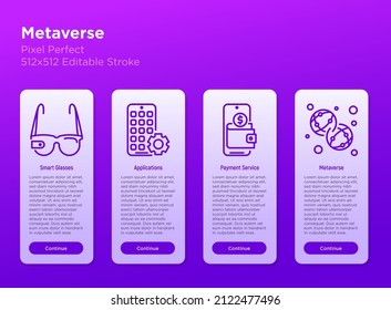 Metaverse thin line icons set: smart glasses, vr helmet, applications, payment service. Pixel perfect, editable stroke. Vector illustration.