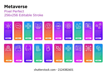 Metaverse thin line icons set: social network, virtual reality, avatar, shared digital world, smart glasses, vr helmet, ai, payment service. Pixel perfect, editable stroke. Vector illustration.