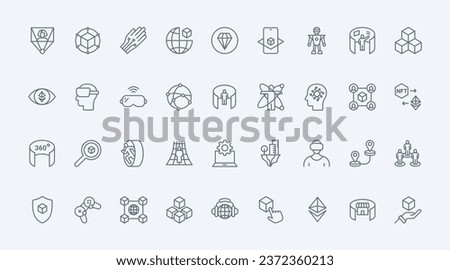 Metaverse thin line icons set vector illustration. Outline pictograms of VR glasses for virtual world simulation with 360 round view, innovation headset for video game, blockchain and NFT symbols