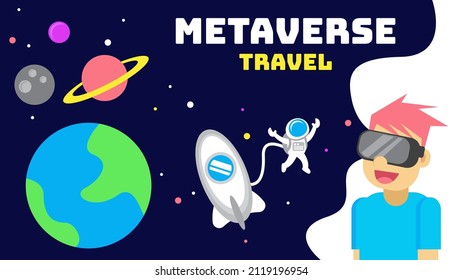 Metaverse Travel. Illustration vector graphic cartoon character of boy wear virtual reality device. Suitable for any content about Metaverse.