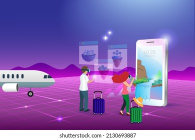 Metaverse travel, virtual trip  technology in cyber space futuristic environment background. Man and woman wear google glass experience interface 3D journey simulation.