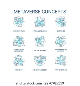 Metaverse turquoise concept icons set. Technology of virtual reality development idea thin line color illustrations. Isolated symbols. Editable stroke. Roboto-Medium, Myriad Pro-Bold fonts used