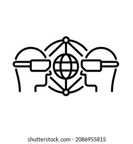 Metaverse, two human head wearing virtual reality glasses with global connection. Outline style. Vector. Isolate on white background.