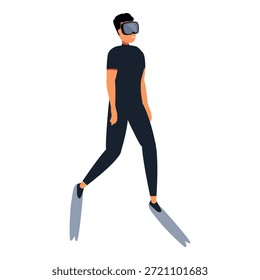 Metaverse user wearing diving fins and virtual reality goggles experiencing diving simulation