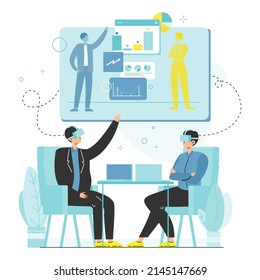 Metaverse vector. Business team wearing vr goggle headset virtual training meeting analyzing financial graph and chart report