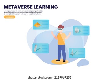 Metaverse vector concept. Male college student wearing VR glasses while looking at pyramids and studying history in the metaverse