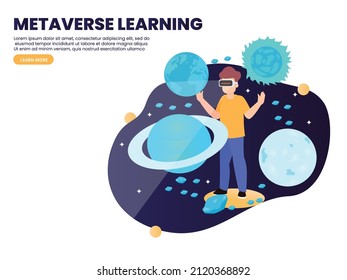 Concepto vectorial de metaverse. Estudiante masculino con gafas VR mientras estudia astronomía en la metáfora