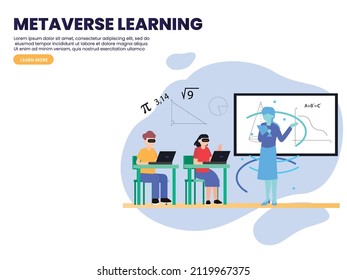 Metaverse vector concept. Two students using a VR goggles while learning mathematics in the metaverse with their teacher