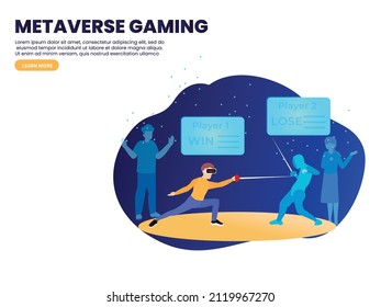 Metaverse vector concept. Young man wearing VR goggles while fighting in fencing sports and standing in the metaverse